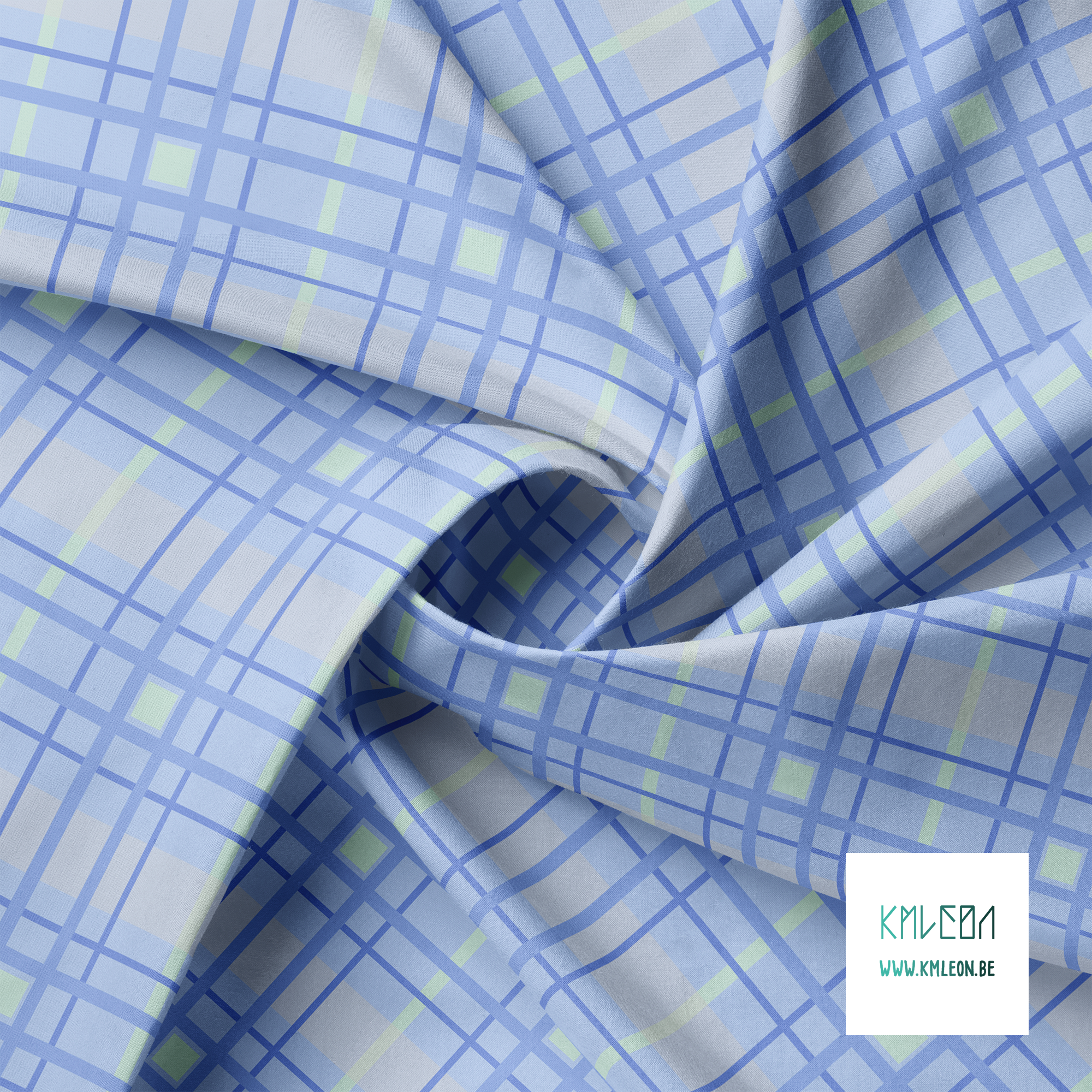 Grey, mint green and periwinkle plaid fabric