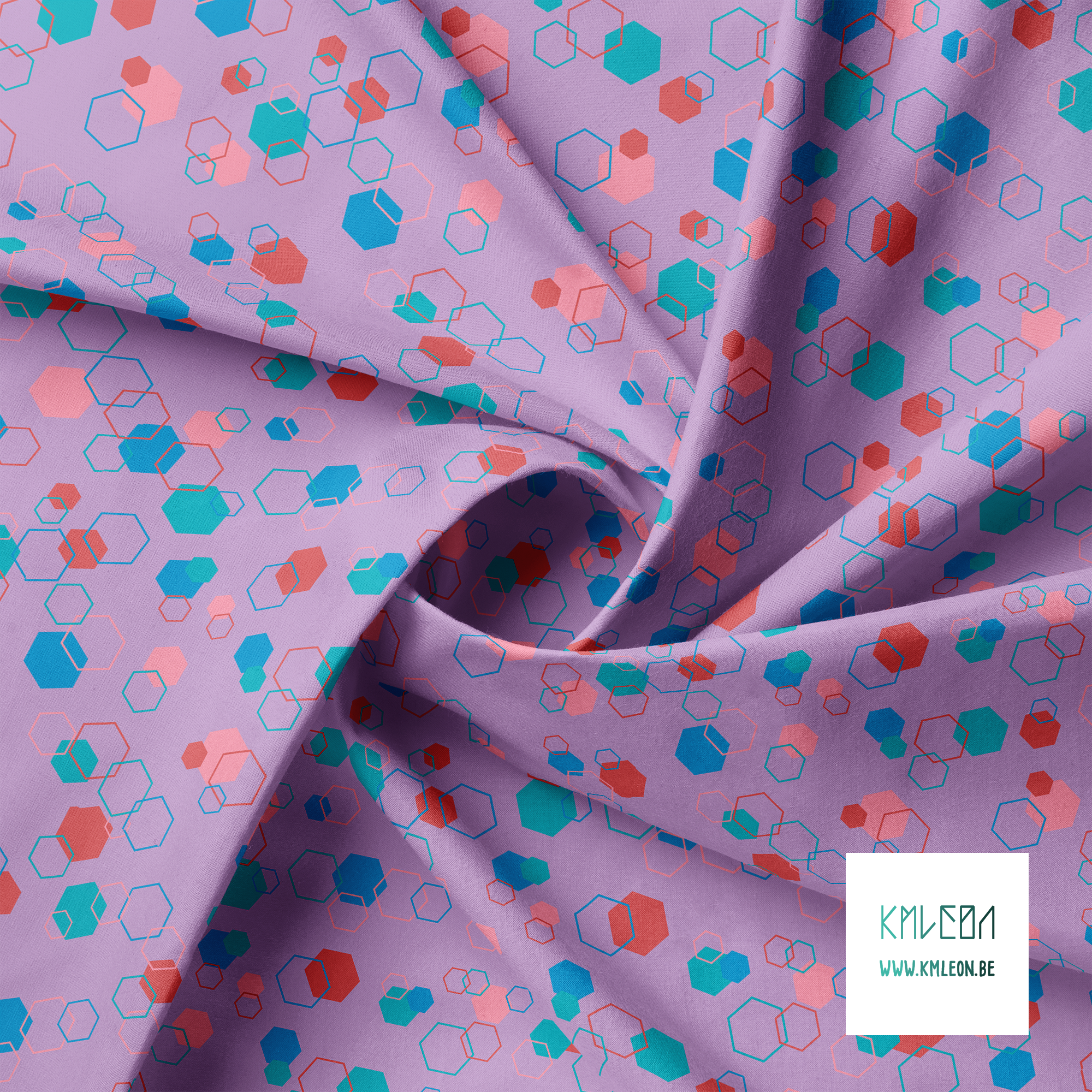 Random pink, blue, teal and red octagons fabric