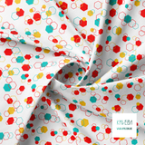 Random teal, red and yellow octagons fabric