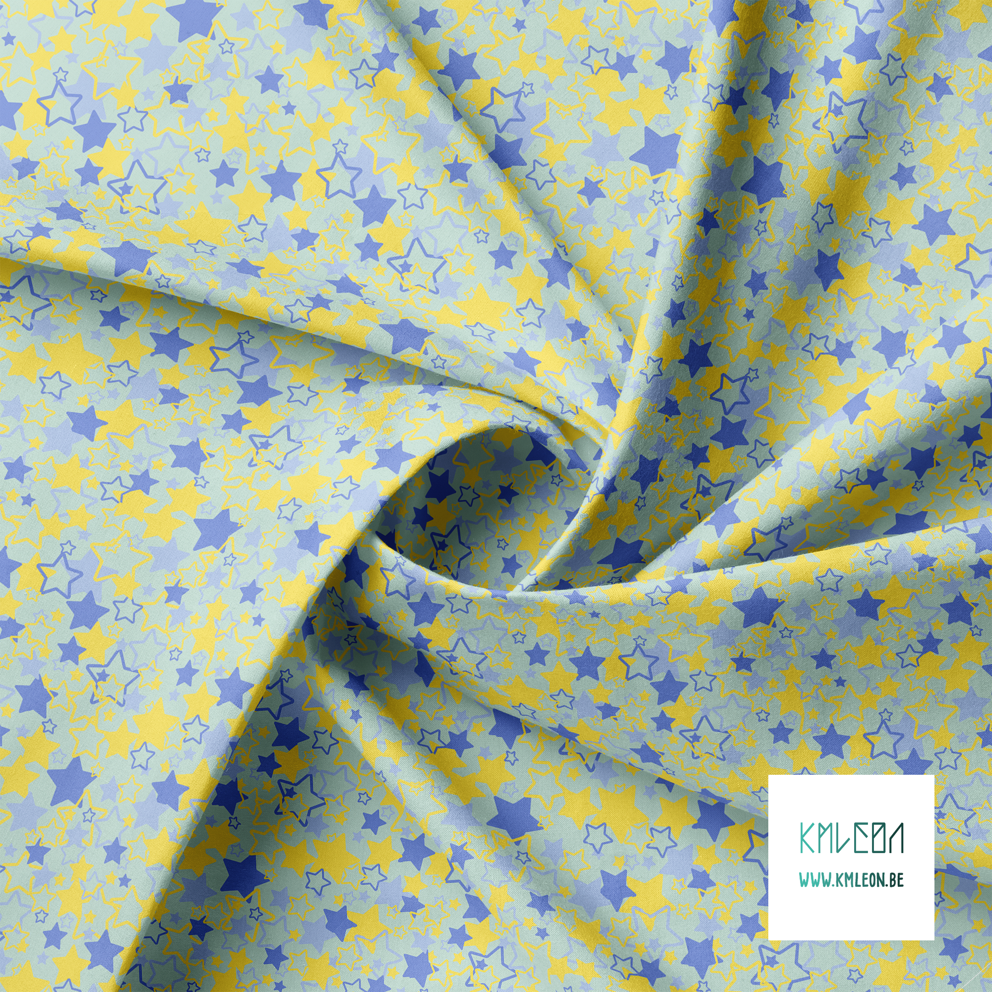 Yellow and periwinkle random stars fabric