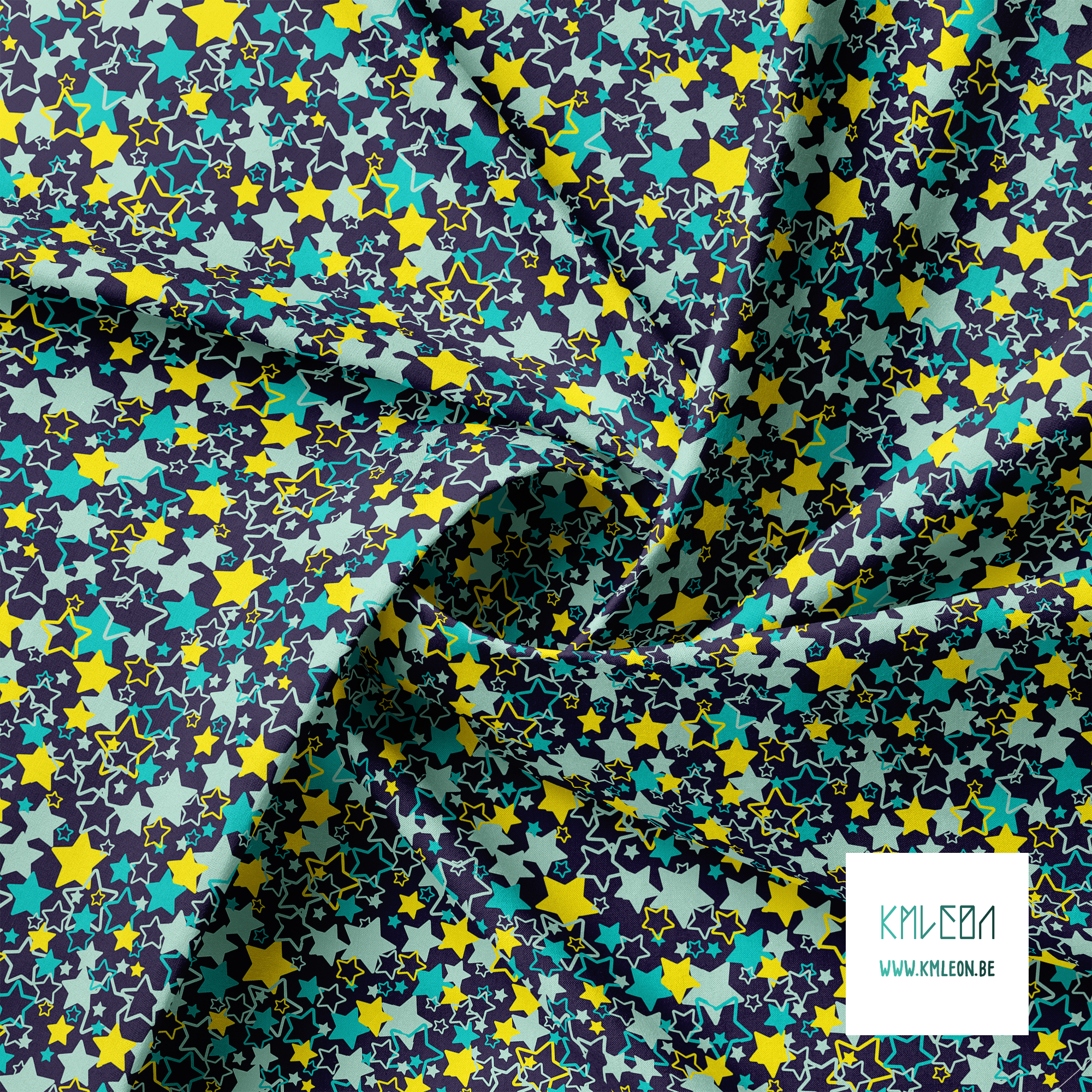 Gele, blauwgroene en muntgroene willekeurige sterren stof