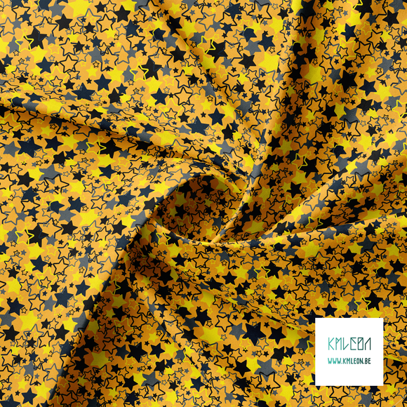 Yellow, grey, dark teal and black random stars fabric