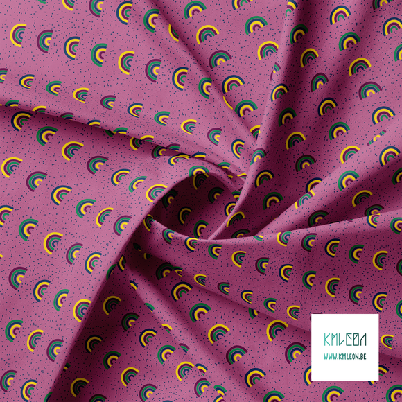 Green, yellow, purple and navy rainbows and dots fabric