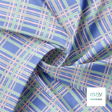 Mint green, pink, grey and periwinkle tartan fabric