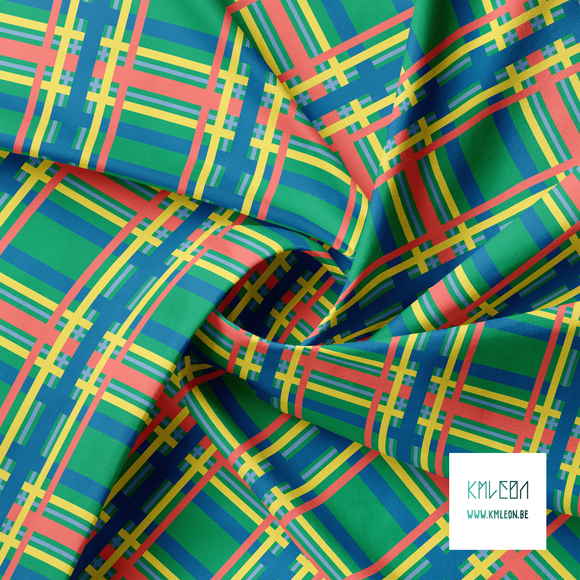 Blue, yellow and coral tartan fabric