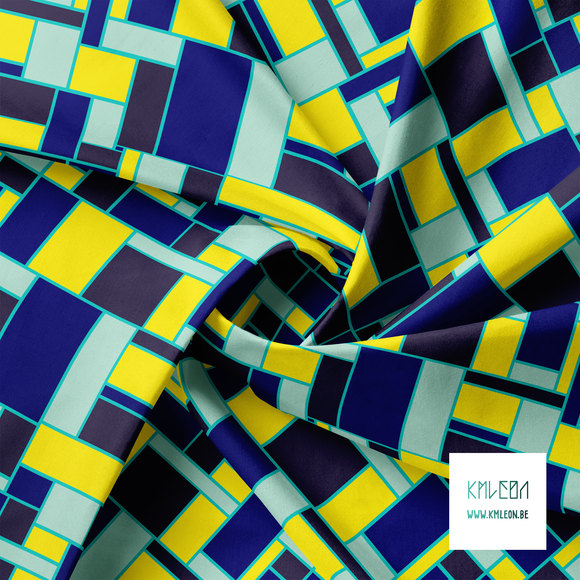 Yellow, mint green, blue and navy rectangles fabric