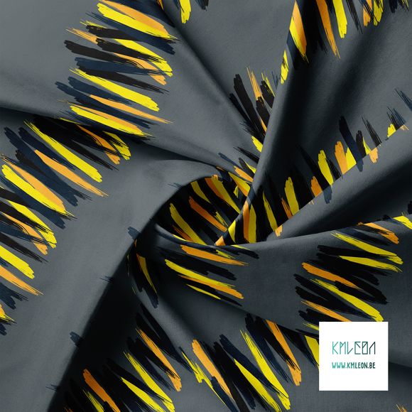 Orange, yellow, black and dark teal brush strokes fabric