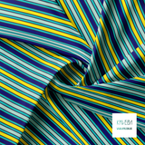 Blue, yellow, teal and mint green vertical stripes fabric