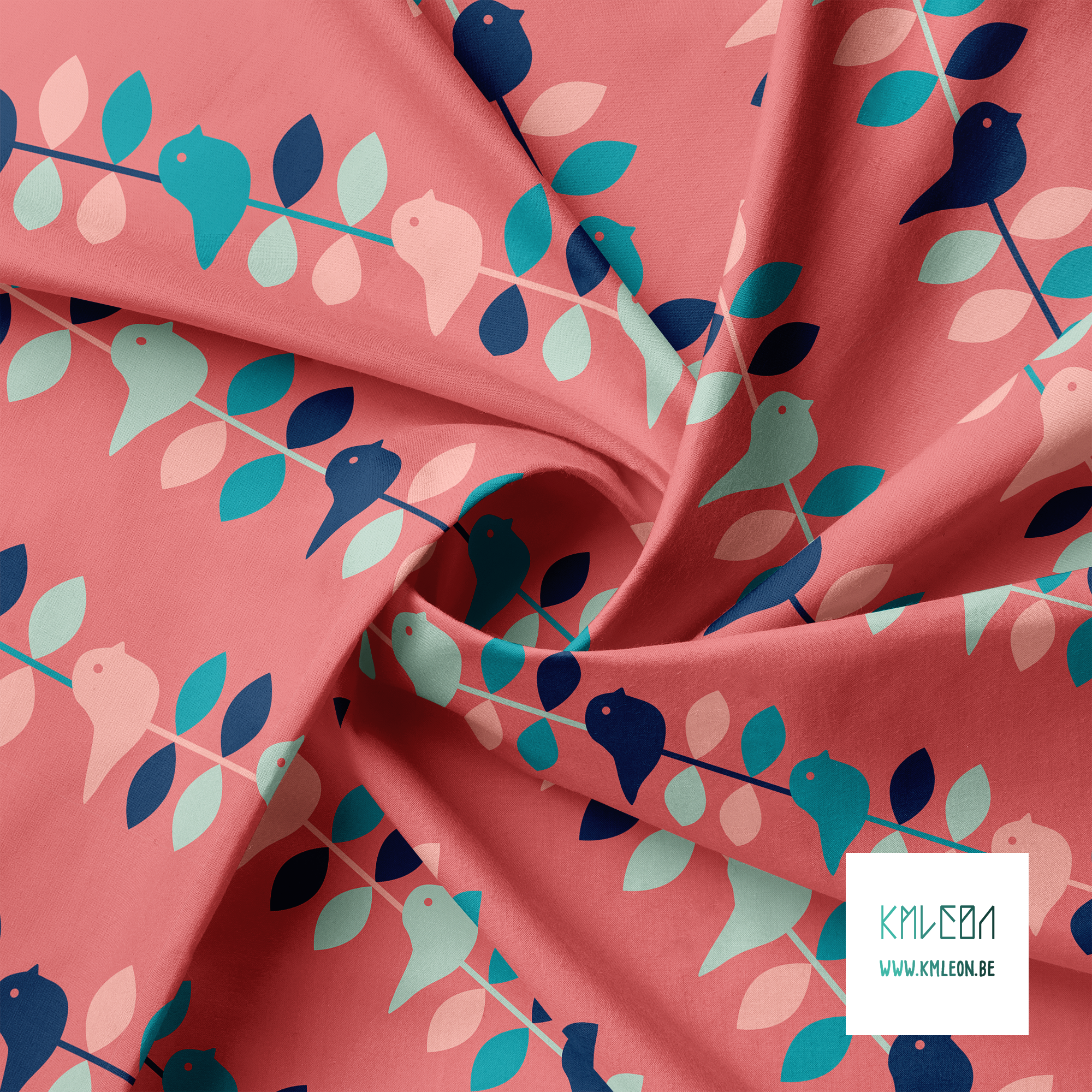 Blue, pink, mint green and teal birds and leaves fabric