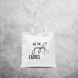 Tote bag, with ‘All the jingle ladies’ print by KMLeon.