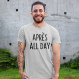 Smiling man with beard and tattoo wearing heather grey shirt with 'Après all day' print by KMLeon.
