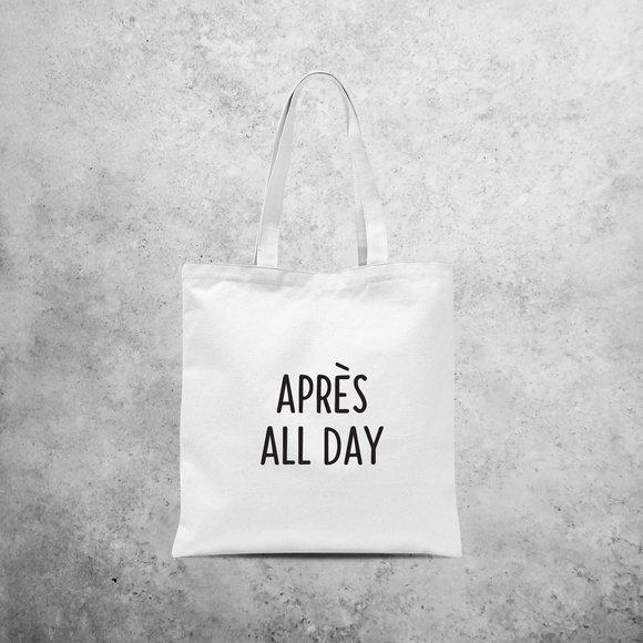 Tote bag, with ‘Après all day’ print by KMLeon.