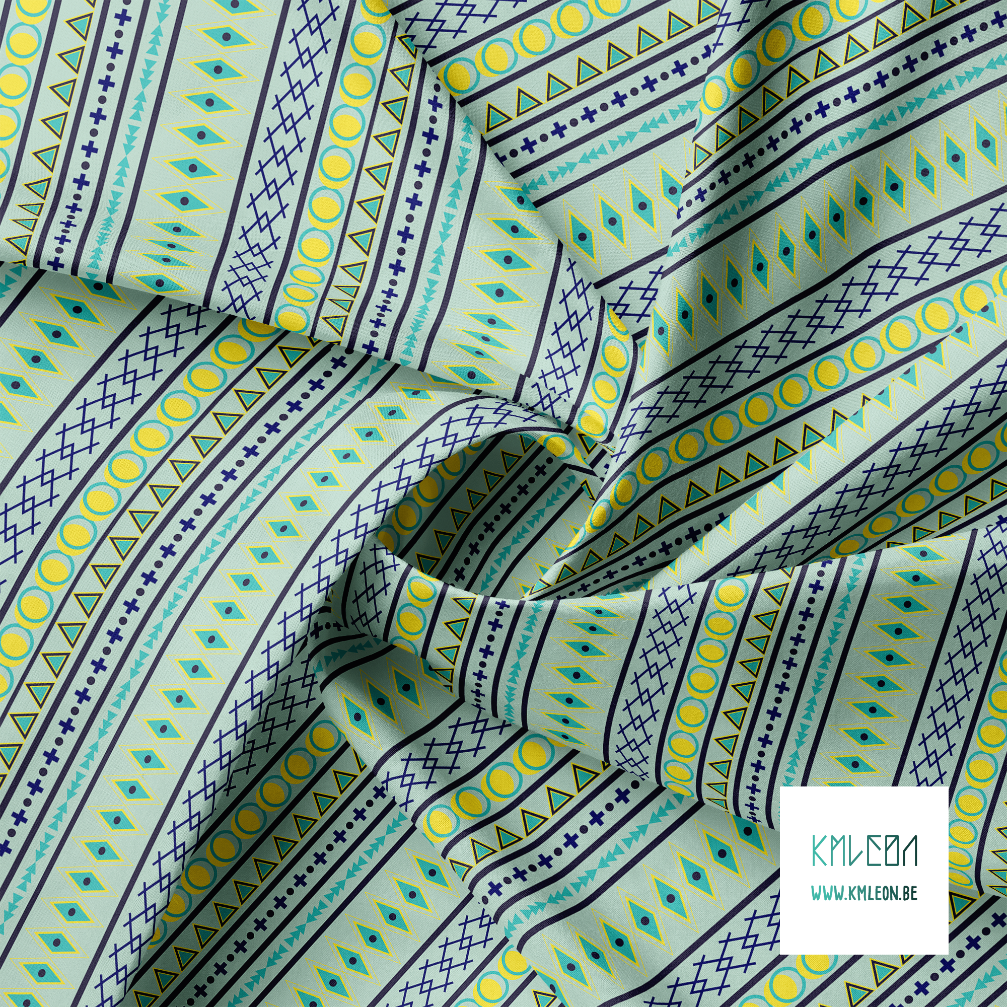 Geometric shapes in navy, teal and yellow fabric