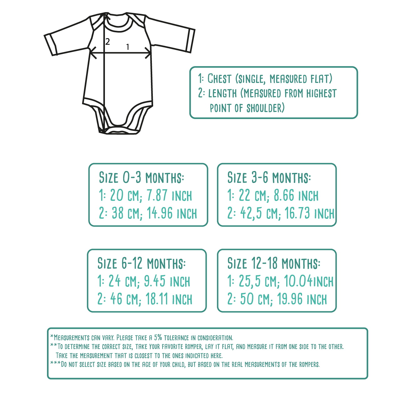 Size table for baby or toddler bodysuits with long sleeves by KMLeon.