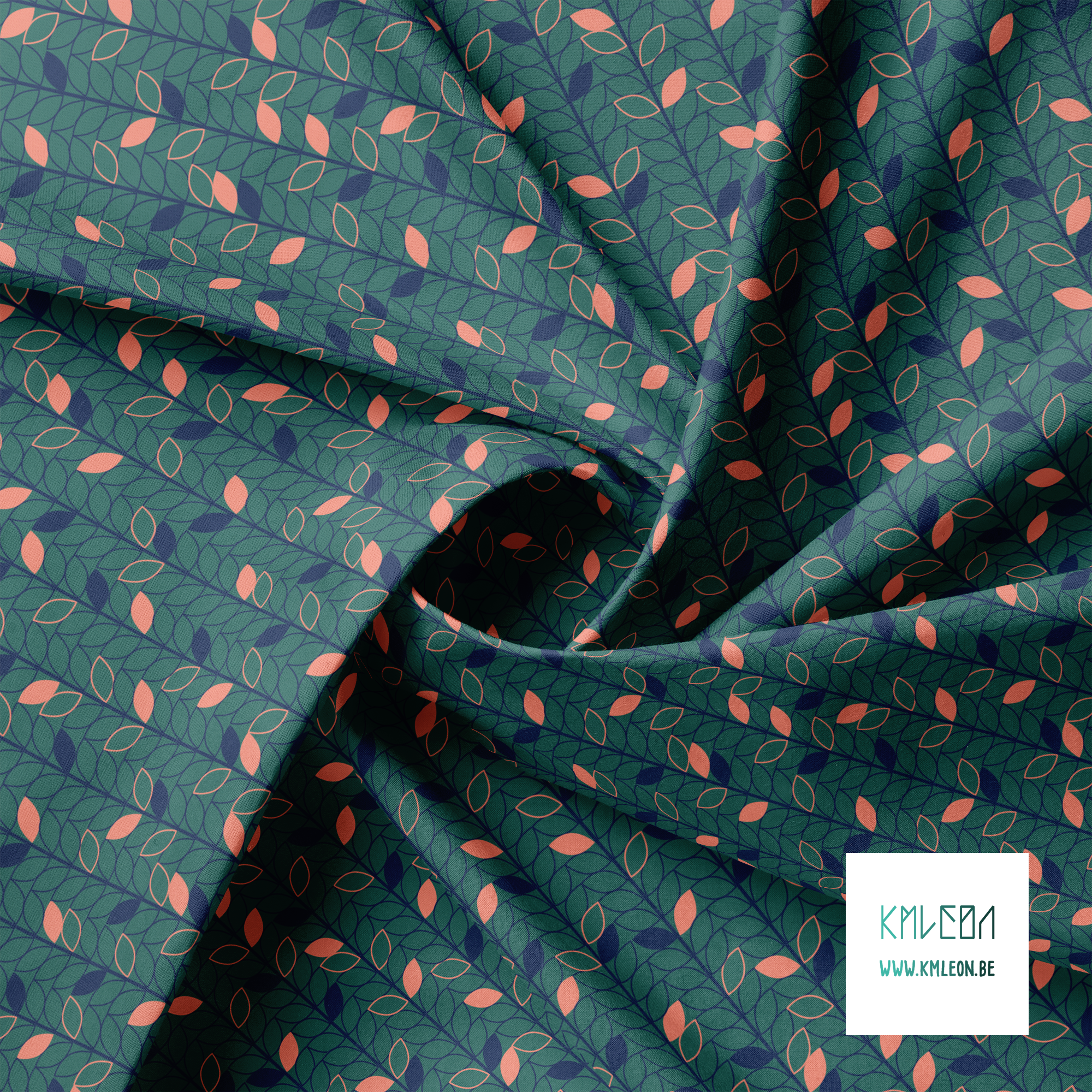 Coral and blue leaves fabric