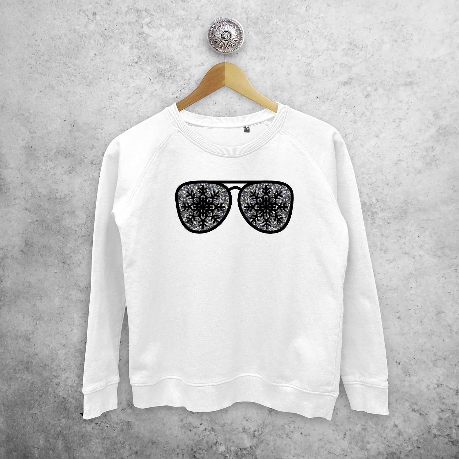 Adult sweater, with glitter snow star glasses print by KMLeon.