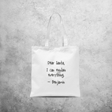 Tote bag, with ‘Santa, I can explain everything’ print by KMLeon.