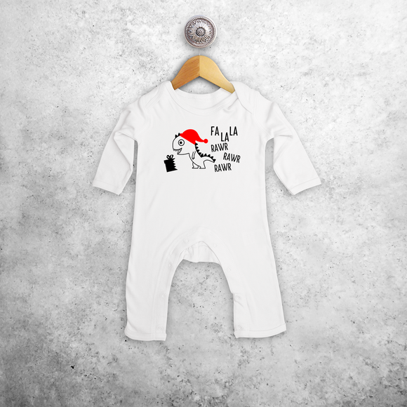 Baby or toddler romper with long sleeves, with Dino ‘Fla La La Rawr Rawr Rawr’ print by KMLeon.