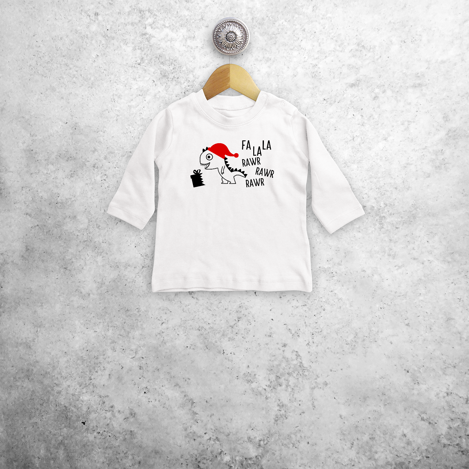 Baby or toddler shirt with long sleeves, with Dino ‘Fla La La Rawr Rawr Rawr’ print by KMLeon.