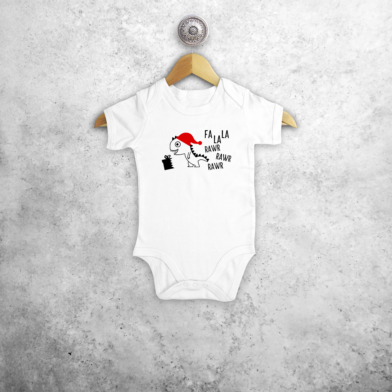 Baby or toddler bodysuit with short sleeves, with Dino ‘Fla La La Rawr Rawr Rawr’ print by KMLeon.
