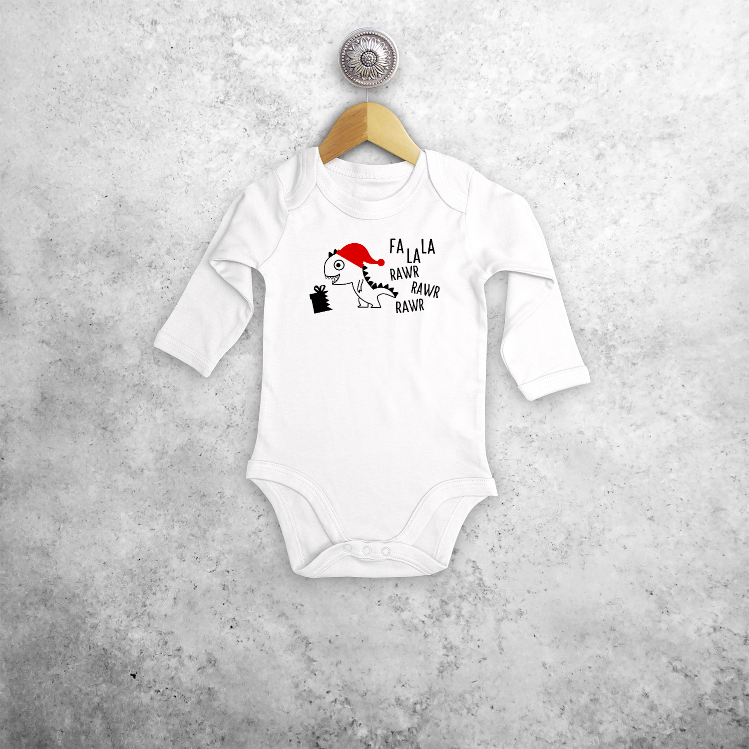 Baby or toddler bodysuit with long sleeves, with Dino ‘Fla La La Rawr Rawr Rawr’ print by KMLeon.