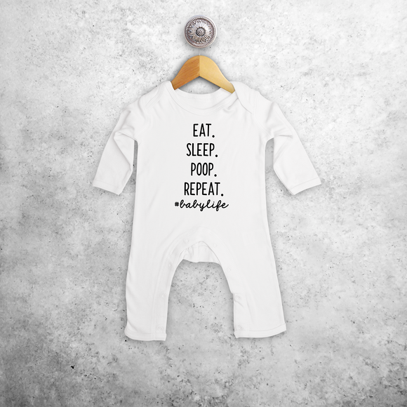 'Eat. Sleep. Poop. Repeat. #babylife' baby romper met lange mouwen