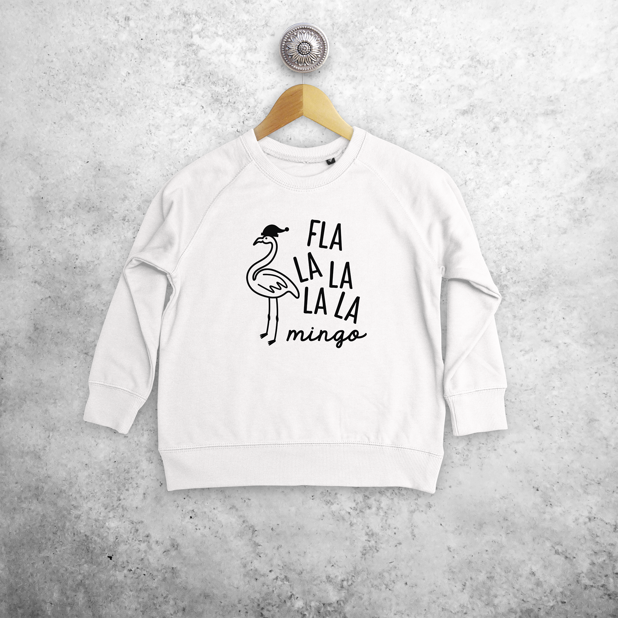 Kids sweater, with ‘Fla la la la la mingo’ print by KMLeon.