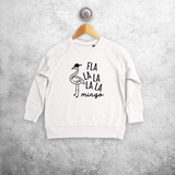 Kids sweater, with ‘Fla la la la la mingo’ print by KMLeon.