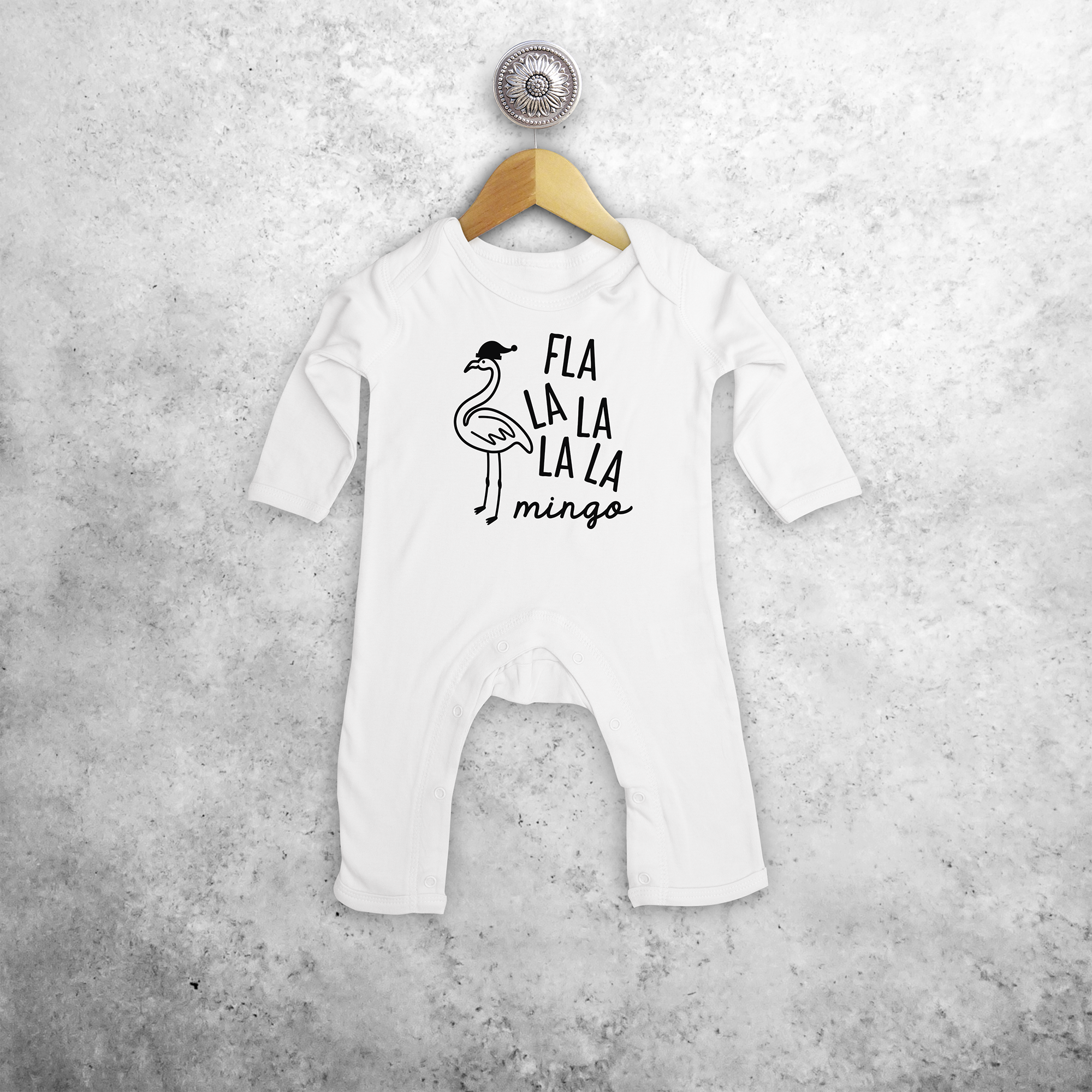 Baby or toddler romper with long sleeves, with ‘Fla la la la la mingo’ print by KMLeon.