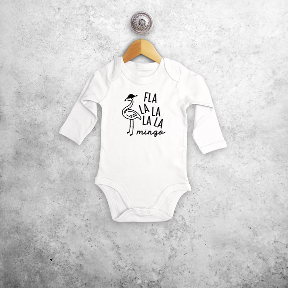 Baby or toddler bodysuit with long sleeves, with ‘Fla la la la la mingo’ print by KMLeon.