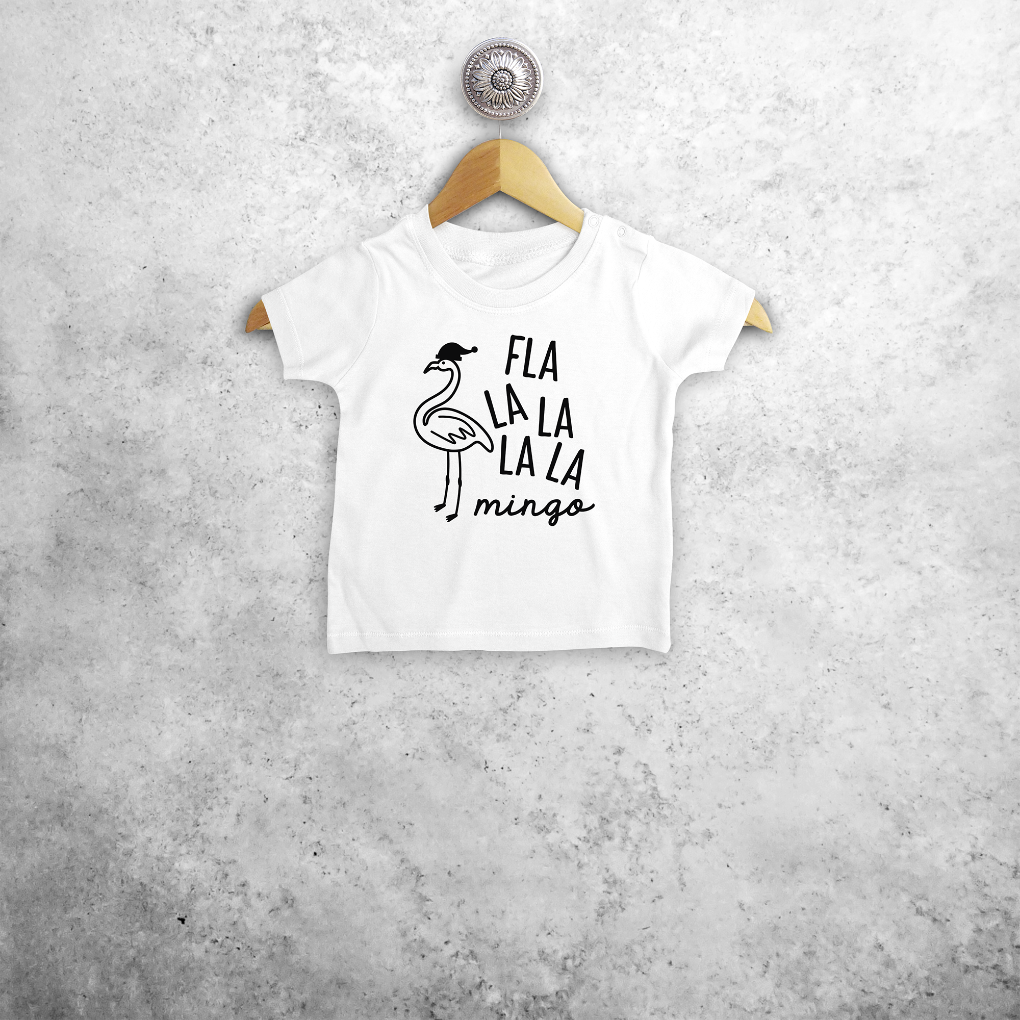 Baby or toddler shirt with short sleeves, with ‘Fla la la la la mingo’ print by KMLeon.