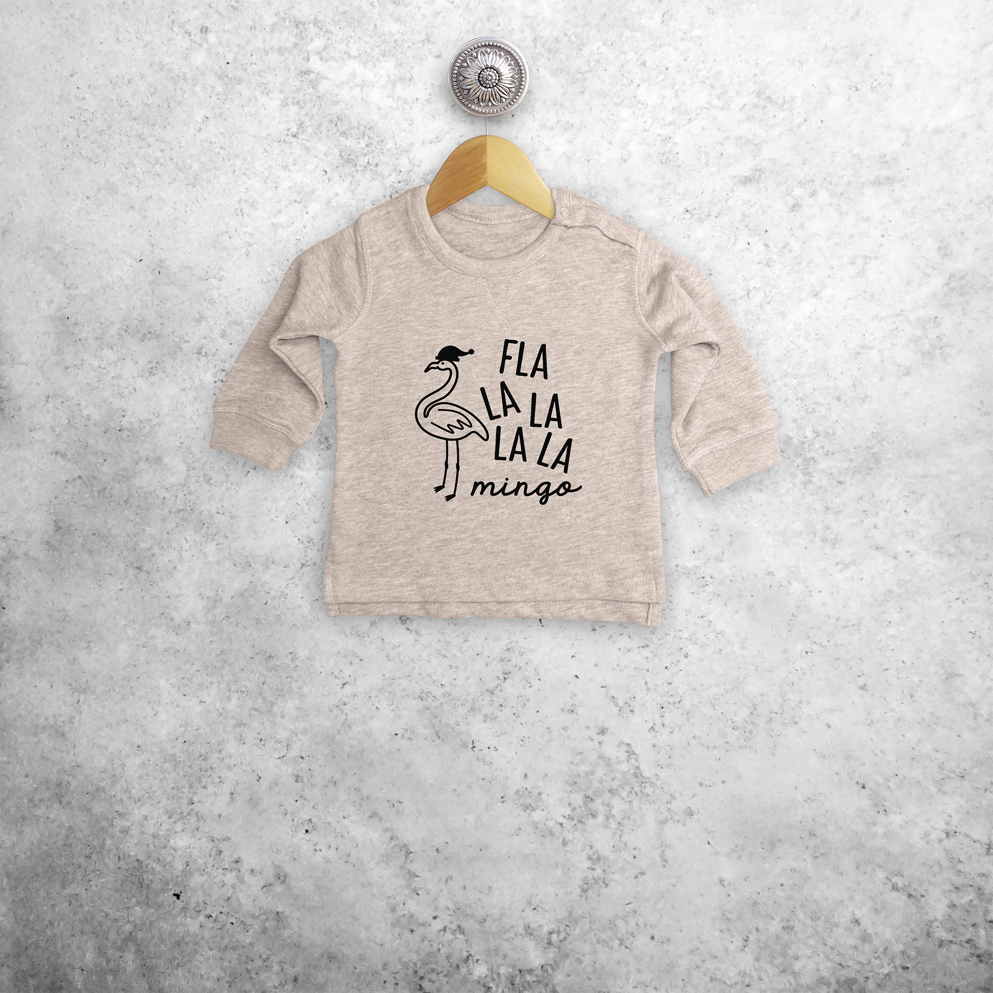 Baby or toddler sweater, with ‘Fla la la la la mingo’ print by KMLeon.
