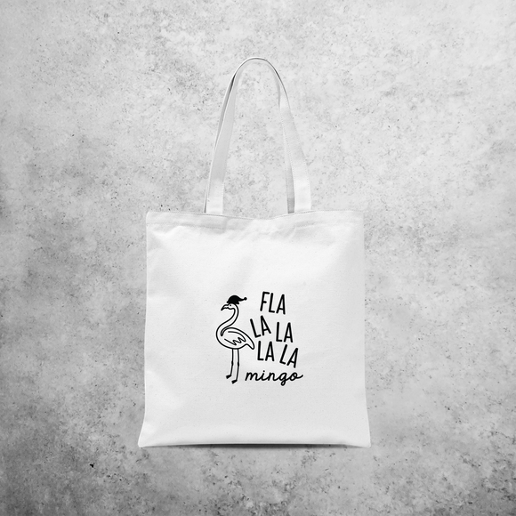 Tote bag, with ‘Fla la la la la mingo’ print by KMLeon.