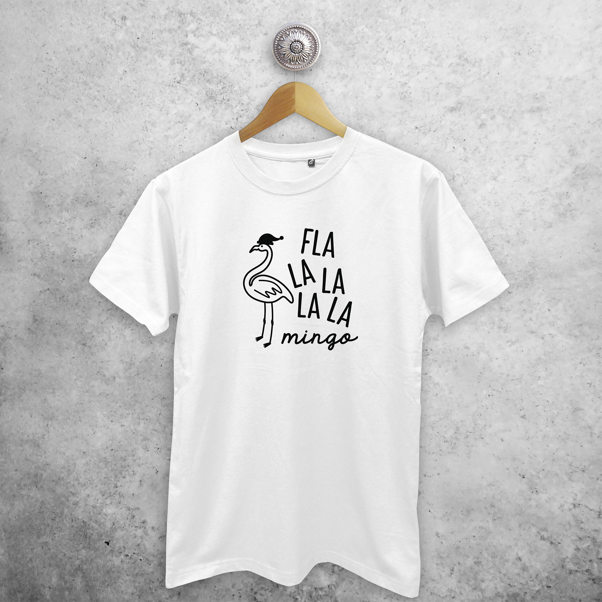 Adult shirt with short sleeves, with ‘Fla la la la la mingo’ print by KMLeon.
