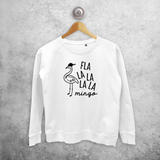 Adult sweater, with ‘Fla la la la la mingo’ print by KMLeon.