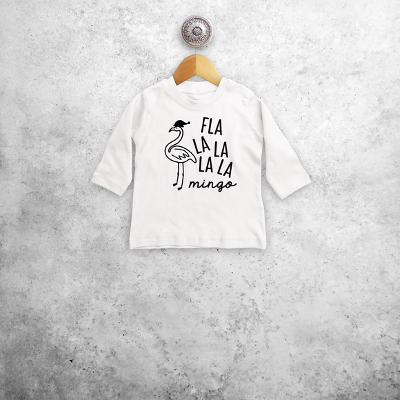 Baby or toddler shirt with long sleeves, with ‘Fla la la la la mingo’ print by KMLeon.