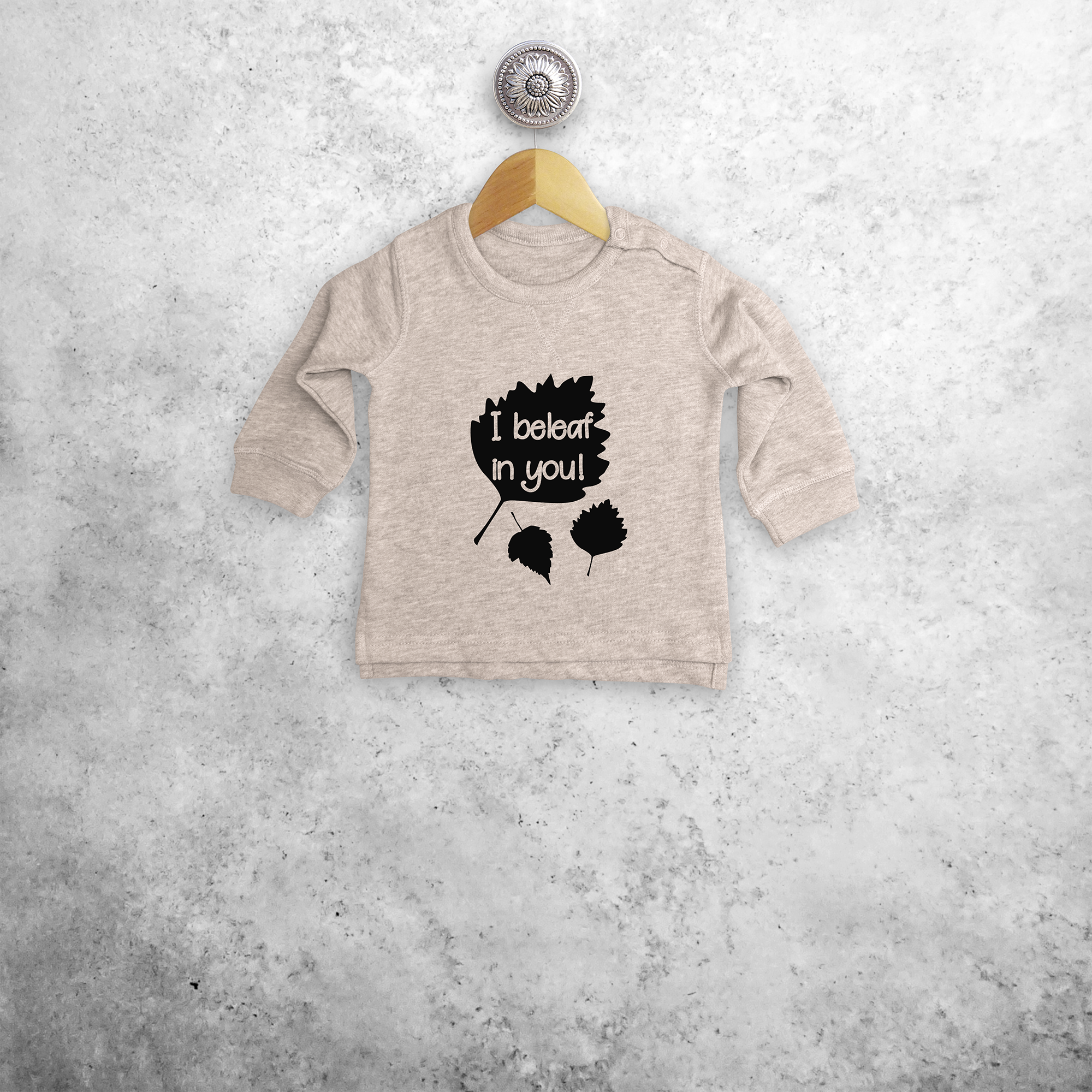 'I beleaf in you' baby sweater