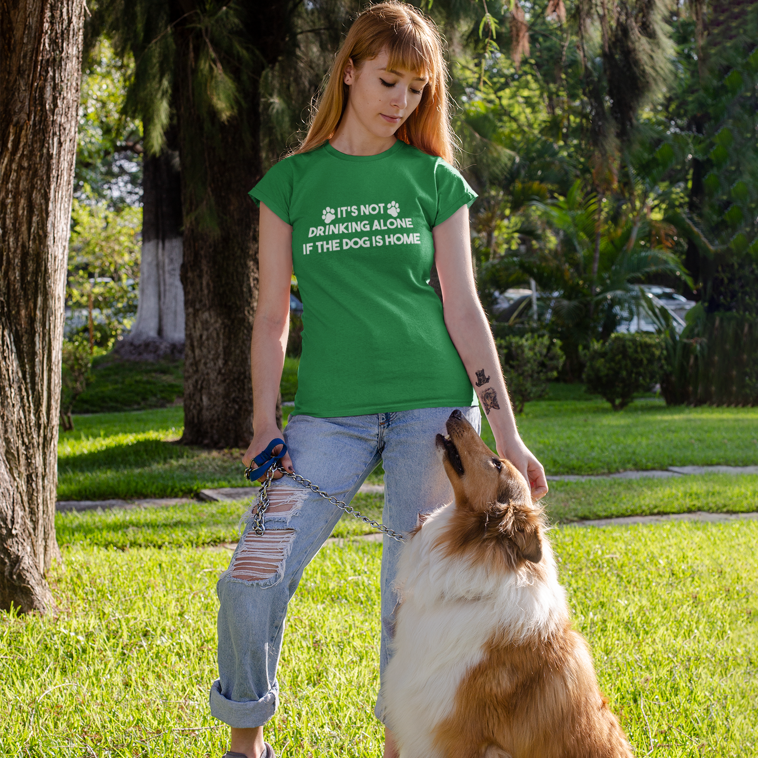 'It's not drinking alone if the dog is home' adult shirt