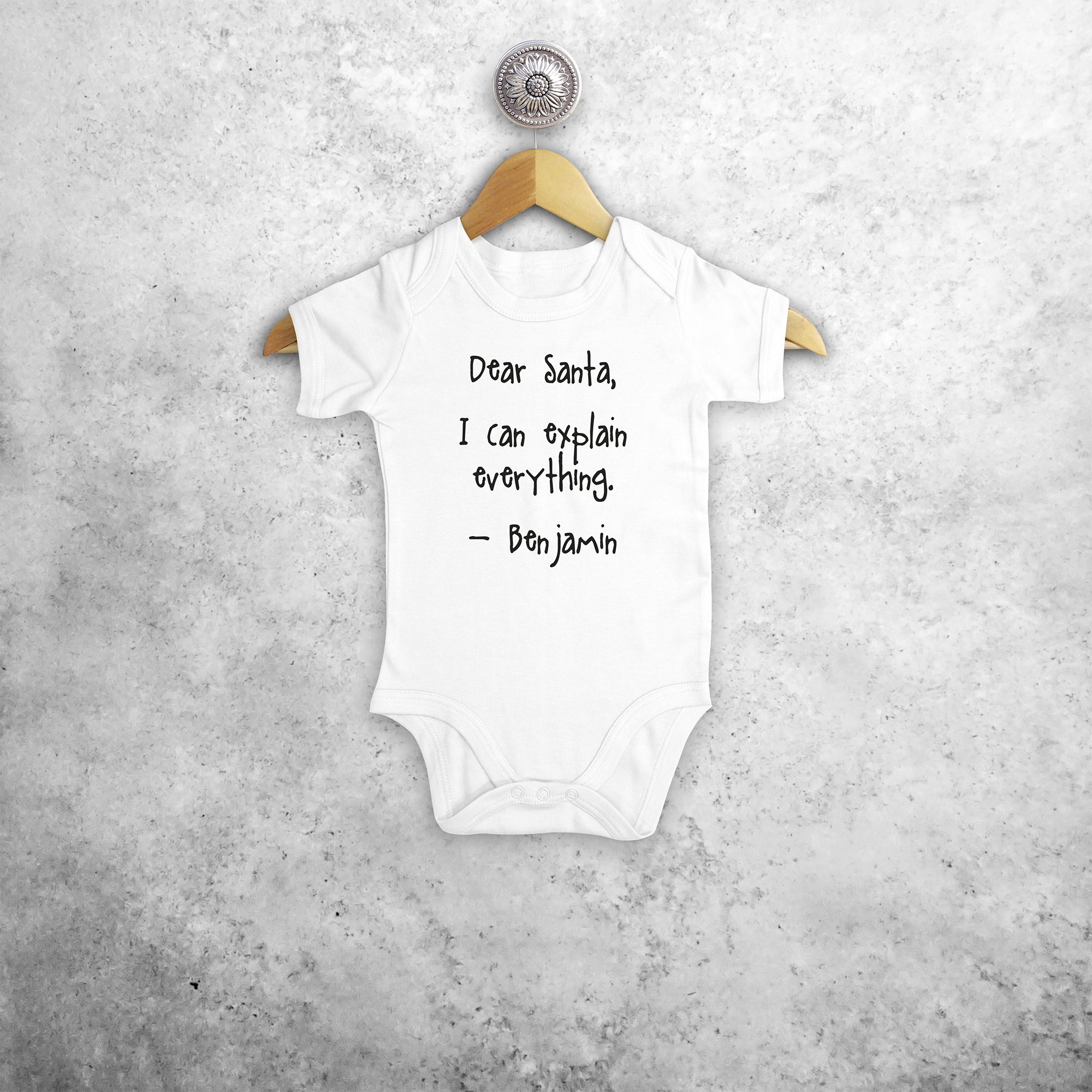 Baby or toddler bodysuit with short sleeves, with ‘Santa, I can explain everything’ print by KMLeon.