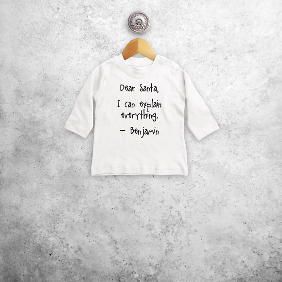 Baby or toddler shirt with long sleeves, with ‘Santa, I can explain everything’ print by KMLeon.