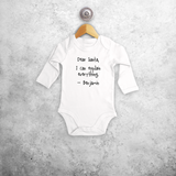 Baby or toddler bodysuit with long sleeves, with ‘Santa, I can explain everything’ print by KMLeon.