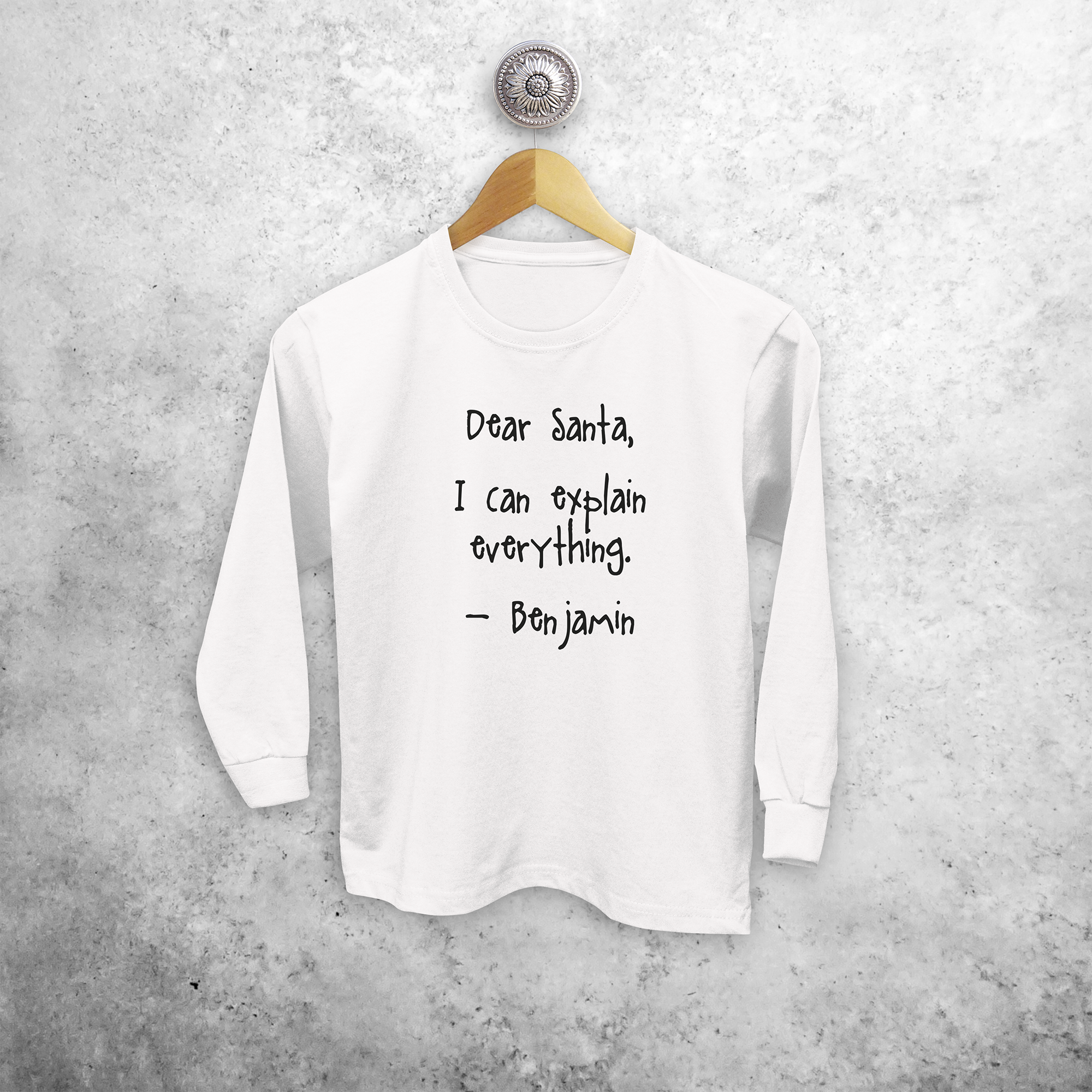 Kids shirt with long sleeves, with ‘Santa, I can explain everything’ print by KMLeon.