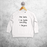 Kids sweater, with ‘Santa, I can explain everything’ print by KMLeon.