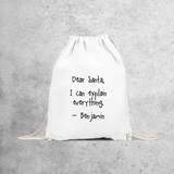 Backpack, with ‘Santa, I can explain everything’ print by KMLeon.