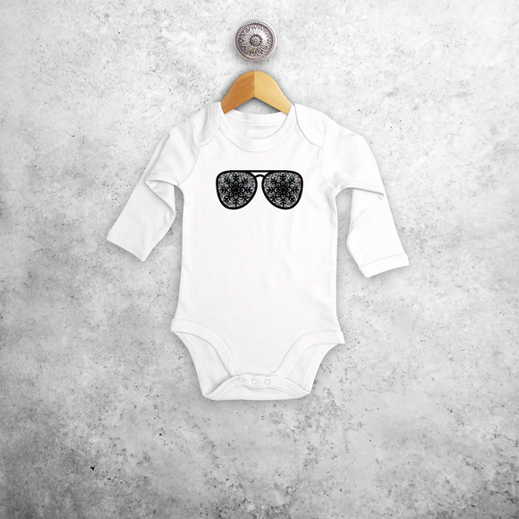 Baby or toddler bodysuit with long sleeves, with glitter snow star glasses print by KMLeon.