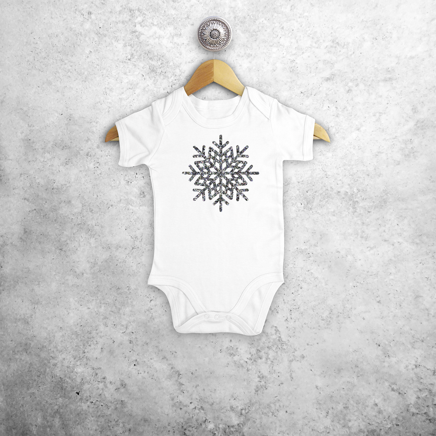 Baby or toddler bodysuit with short sleeves, with glitter snow star print by KMLeon.