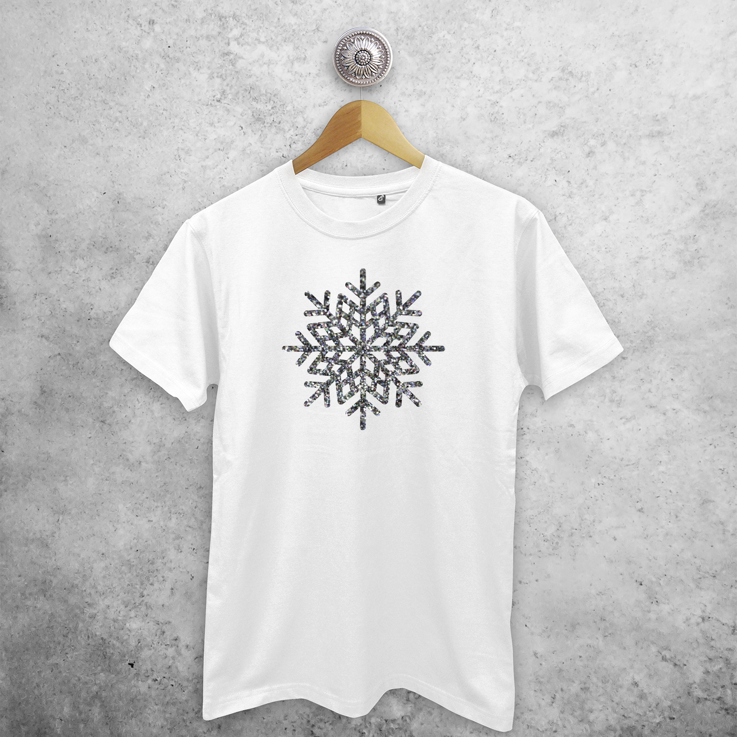 Adult shirt with short sleeves, with glitter snow star print by KMLeon.
