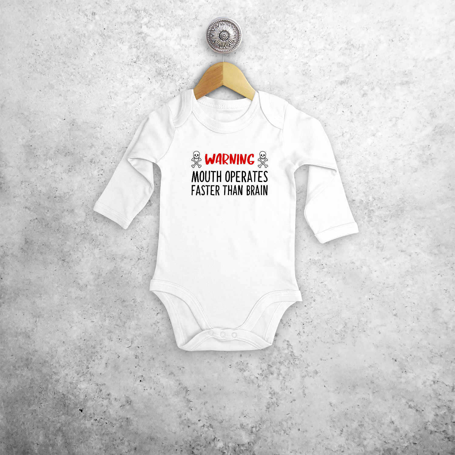 'Warning: mouth operates faster than mouth' baby longsleeve bodysuit